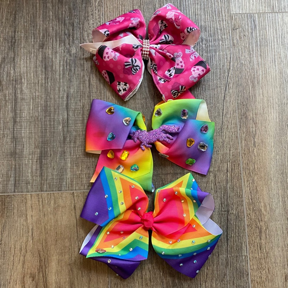 JoJo Siwa Signature Hair Bows Bundle 3pc Rainbow Unicorn Cupcake Rhinestone 7in‎